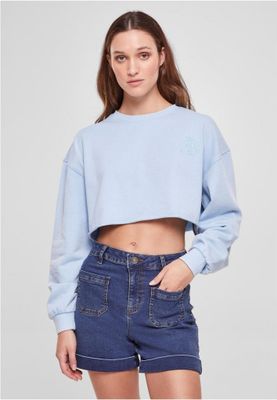 Ladies Cropped Flower Embroidery Terry Crewneck