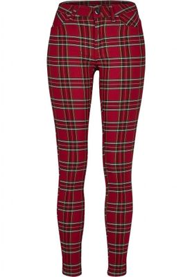 Red checkered slim pants lady