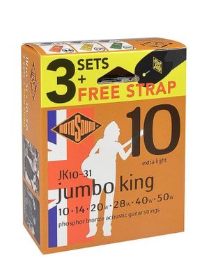 Rotosound JK10-31 Jumbo King akustiska gitarrsträngar phosphor bronze 10–50, 3-pack med axelband
