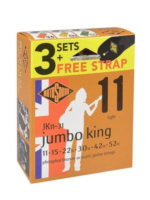 Rotosound JK11-31 Jumbo King akustiska gitarrsträngar phosphor bronze 11–52, 3-pack med axelband