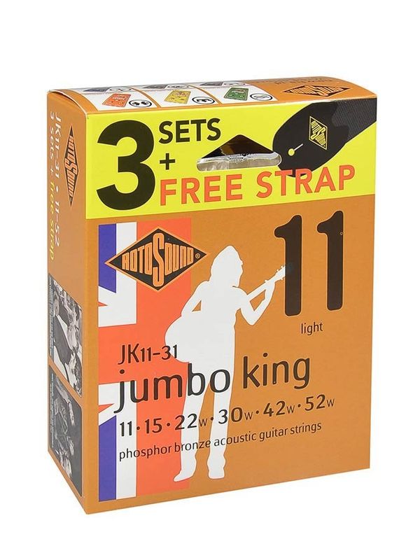 Rotosound JK11-31 Jumbo King akustiska gitarrsträngar phosphor bronze 11–52, 3-pack med axelband