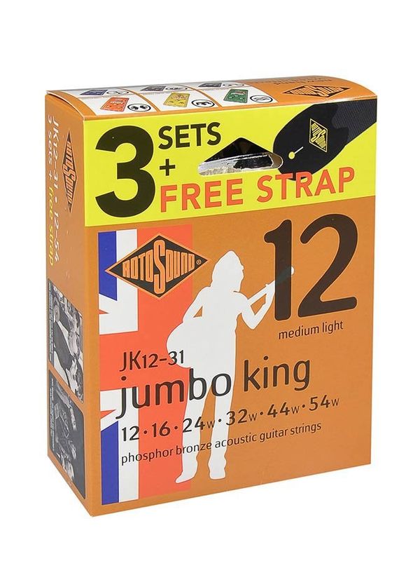 Rotosound JK12-31 Jumbo King akustiska gitarrsträngar phosphor bronze 12–54, 3-pack med axelband