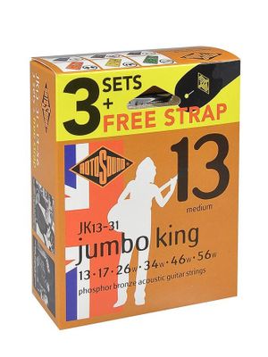 Rotosound JK13-31 Jumbo King akustiska gitarrsträngar phosphor bronze 13–56, 3-pack med axelband