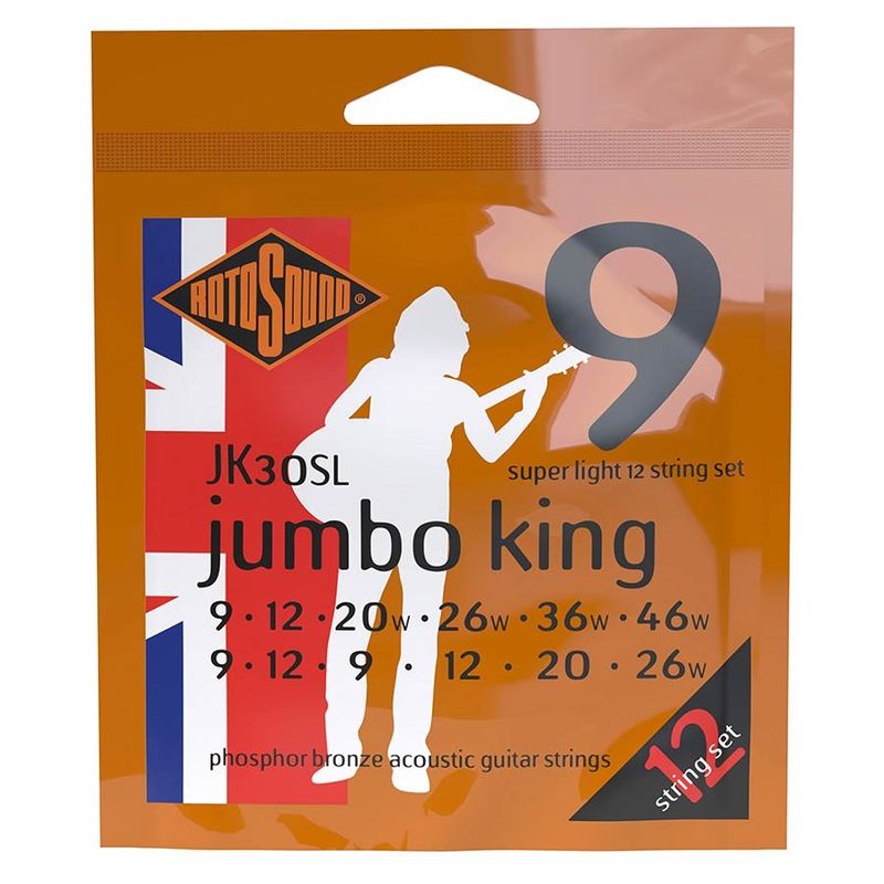 Rotosound JK30SL Jumbo King akustiska gitarrsträngar 12-strängad, phosphor bronze 9–46, super light