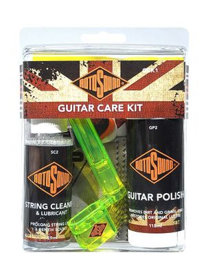 Rotosound GCK1 guitar care kit: guitar polish (59ml), string cleaner (59ml), R10 strings set, cloth, winder, picks