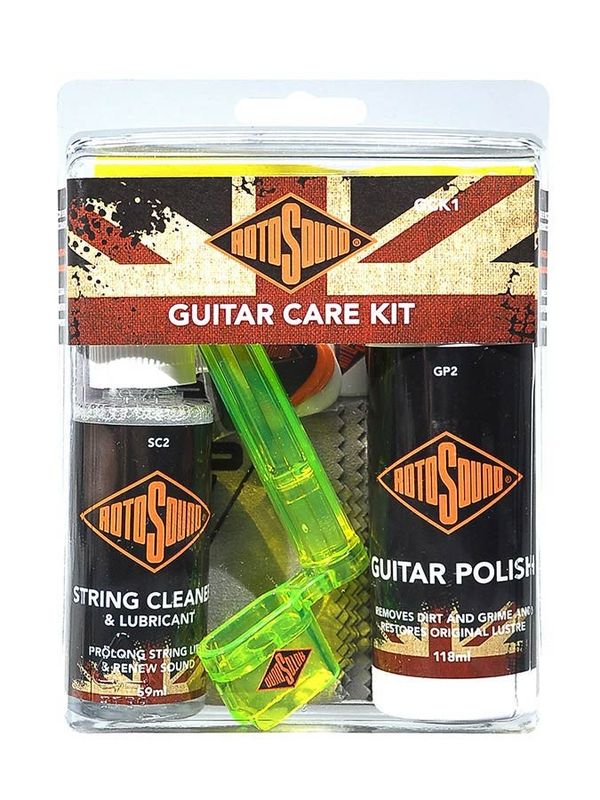 Rotosound GCK1 guitar care kit: guitar polish (59ml), string cleaner (59ml), R10 strings set, cloth, winder, picks