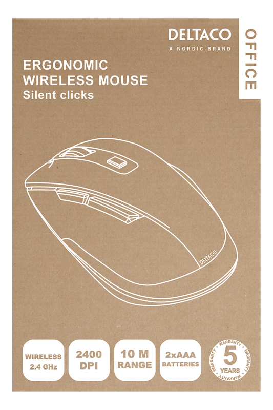 DELTACO Office Wireless ergonomic mouse, silent clicks, 2400 DPI