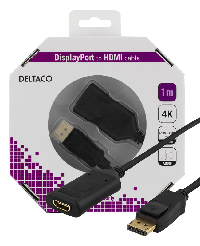 DisplayPort to HDMI 2.0b cable 1m, 4K at 60Hz, black.