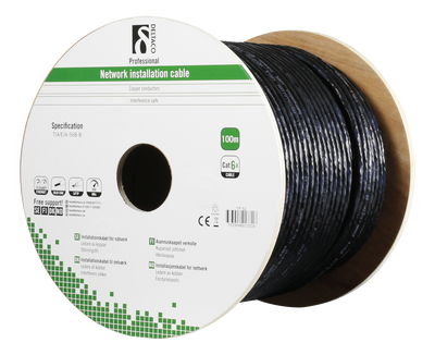 DELTACO S/FTP Cat6a installationskabel, för utomhusbruk, 100m, svart