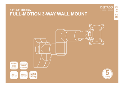 DELTACO OFFICE Full-motion wall mount, invisible cable management, 13-32", VESA, black.