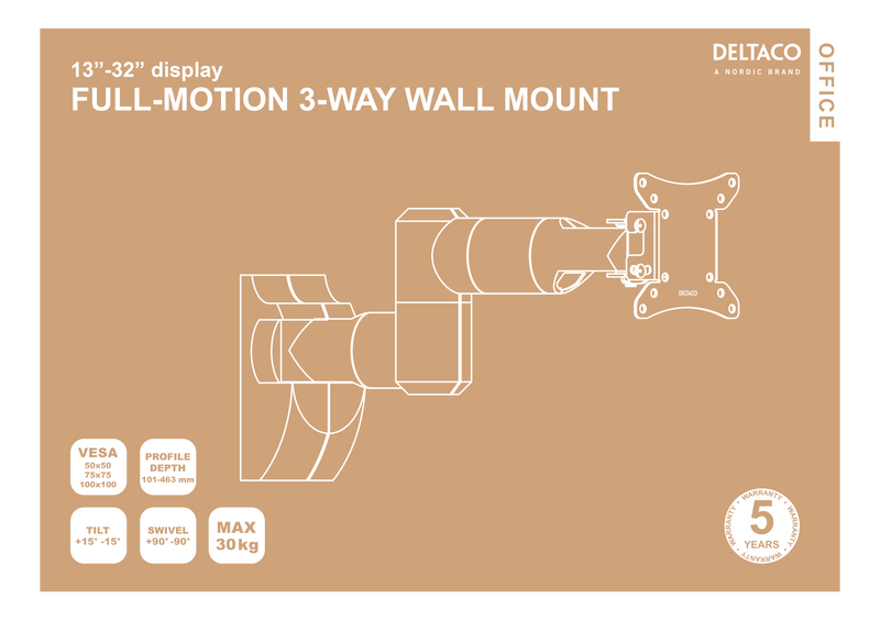 DELTACO OFFICE Full-motion wall mount, invisible cable management, 13-32", VESA, black.