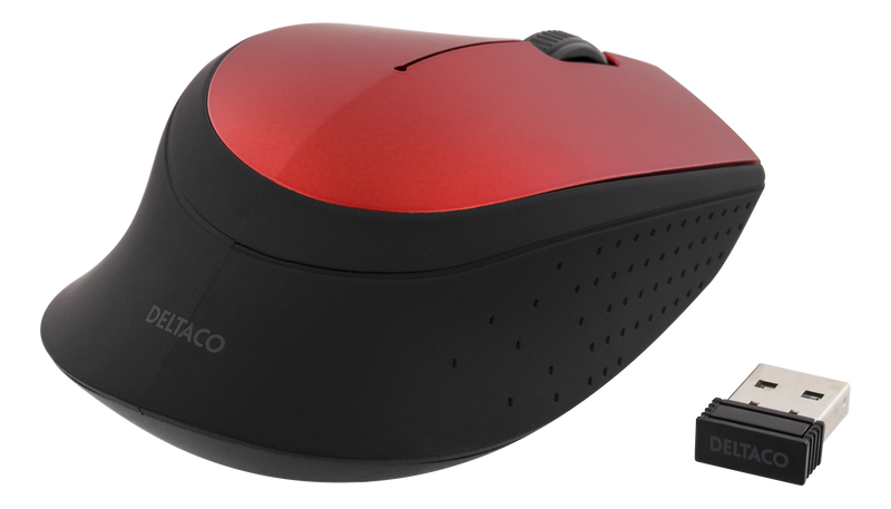 DELTACO trådlös optisk mus 2,4GHz, 3 knappar med scroll, 1200 DPI, röd