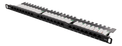 DELTACO UTP Patchpanel 24xRJ45, Cat6, 0,5U, 19", kabelstöd, svart