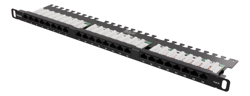 DELTACO UTP Patchpanel 24xRJ45, Cat6, 0.5U, 19", cable management, black.