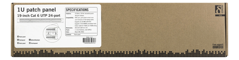DELTACO 19" patch panel, 24xRJ45, Cat6, UTP, Krone jacks, 1U, black.