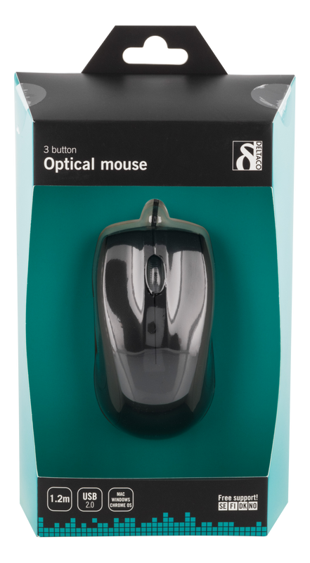 DELTACO trådad optisk mus, 3 knappar med scroll, 1200 DPI, svart