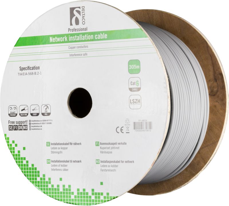 DELTACO LSZH FTP installationskabel, Cat6, 305m,grå