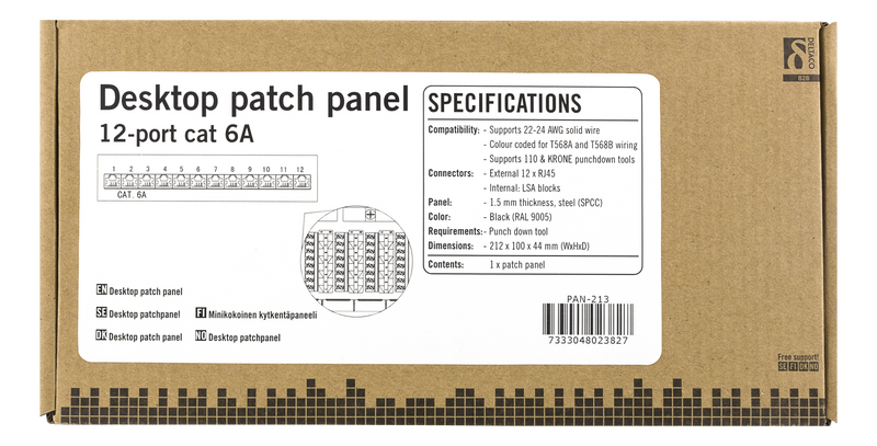 DELTACO Patchpanel, 12xRJ45, Cat6a, väggmonterbar, 10Gbps, svart