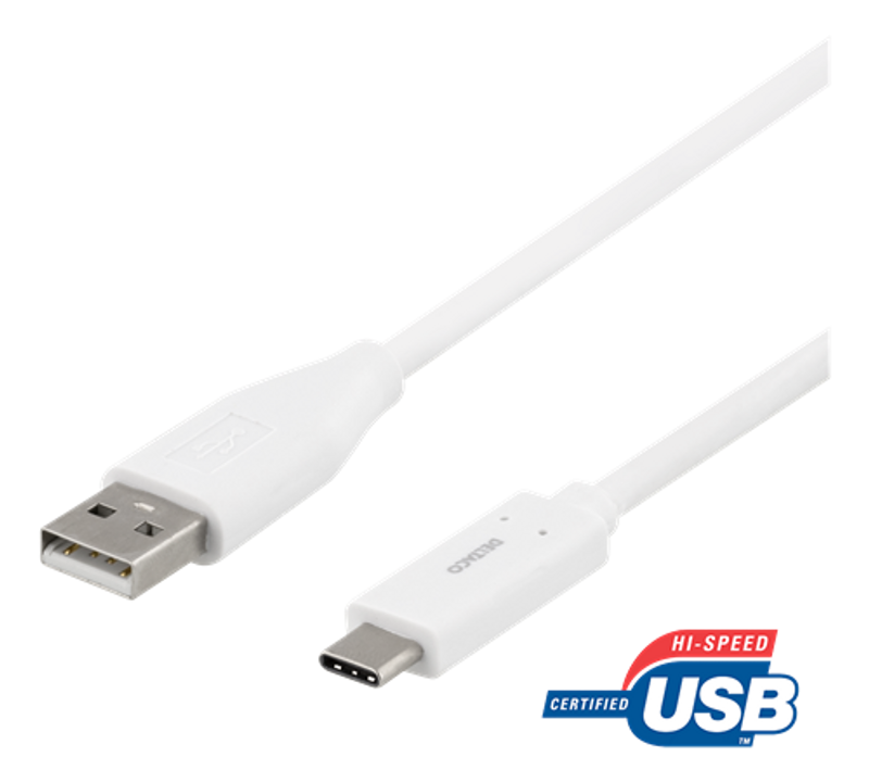 USB-C till USB-A kabel, 1m, 3A, USB 2.0, vit