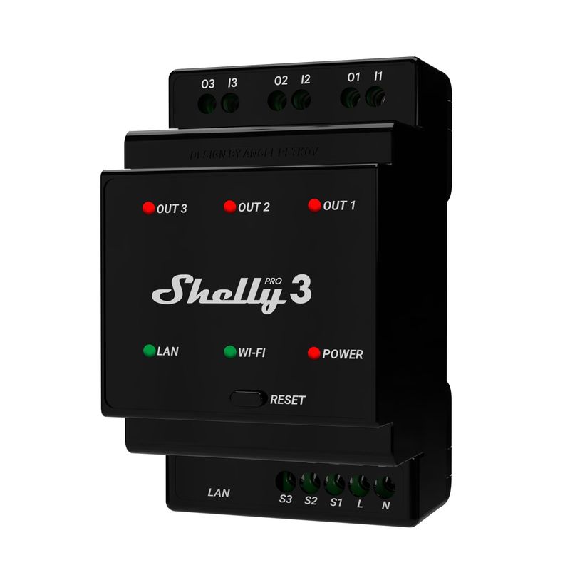 Shelly Pro 3 - three-channel relay for DIN rail.