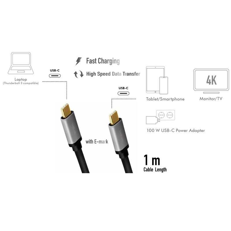 USB-C-kabel PD 3.0 100W 10Gbps 4K/60Hz Alu 1m