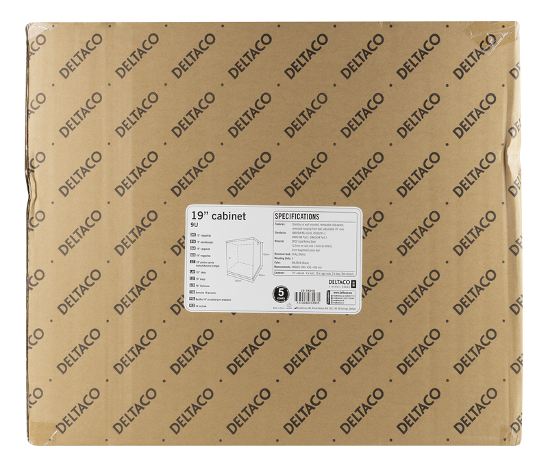 DELTACO 19" cabinet, 9U, 540x450mm, standing or wall-mounted, glass door, black.