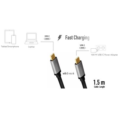 USB-C-kabel PD 3.0 100W 480 Mbps Alu 1,5m