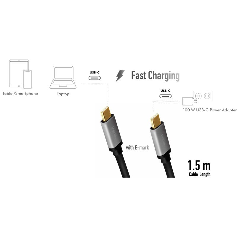 USB-C-kabel PD 3.0 100W 480 Mbps Alu 1,5m