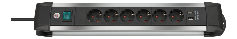 Prem Alu-Line Ext socket, 3m, 6way, USB charging, 3G1.5