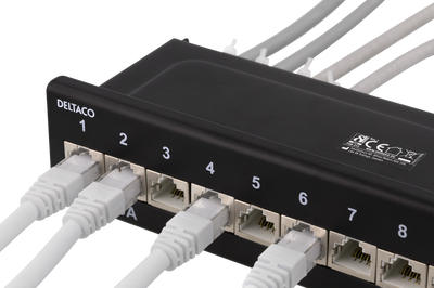 DELTACO Patchpanel, 12xRJ45, Cat6a, väggmonterbar, 10Gbps, svart