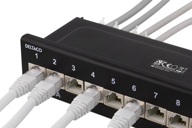 DELTACO Patchpanel, 12xRJ45, Cat6a, väggmonterbar, 10Gbps, svart