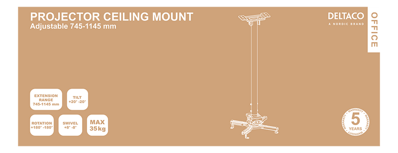 DELTACO Office Projector Adjustable Ceiling Mount, 745mm-1145mm, 35kg.