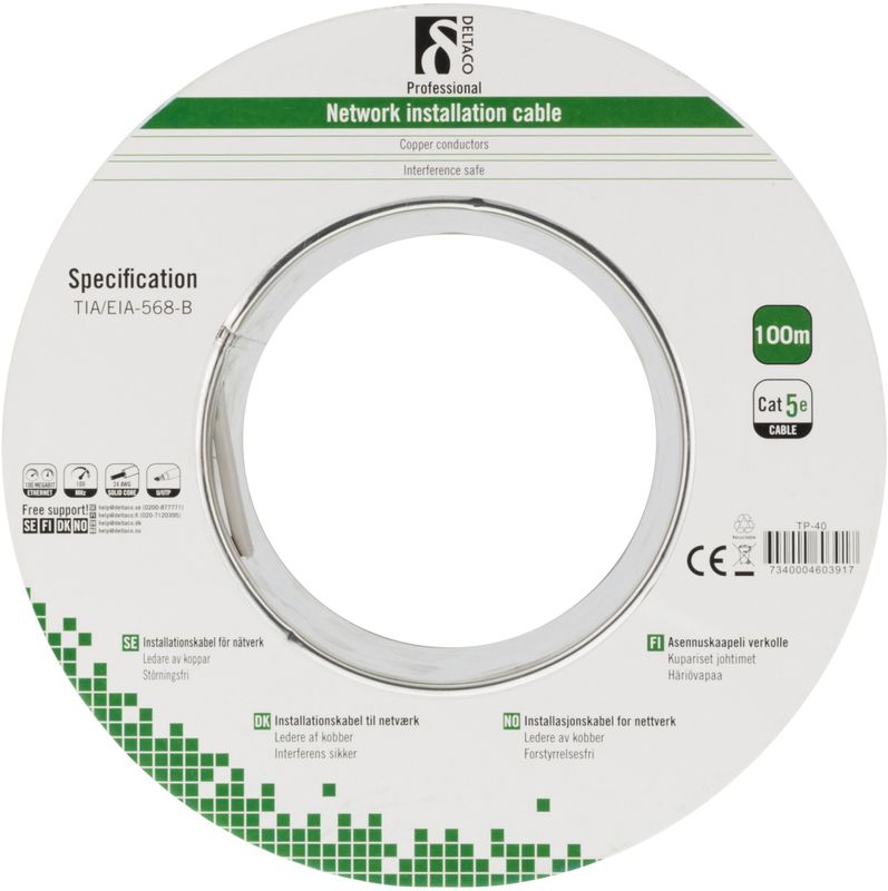 DELTACO U/UTP installation cable, Cat5e, 100m, grey
