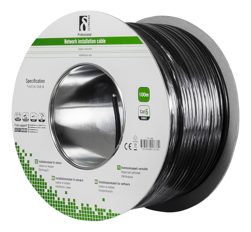 DELTACO U/UTP Cat6 installationskabel, för utomhusbruk, 100m, svart