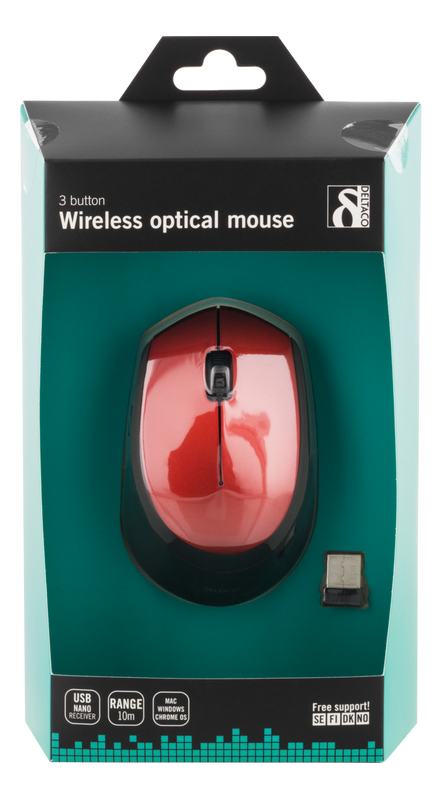 DELTACO trådlös optisk mus 2,4GHz, 3 knappar med scroll, 1200 DPI, röd