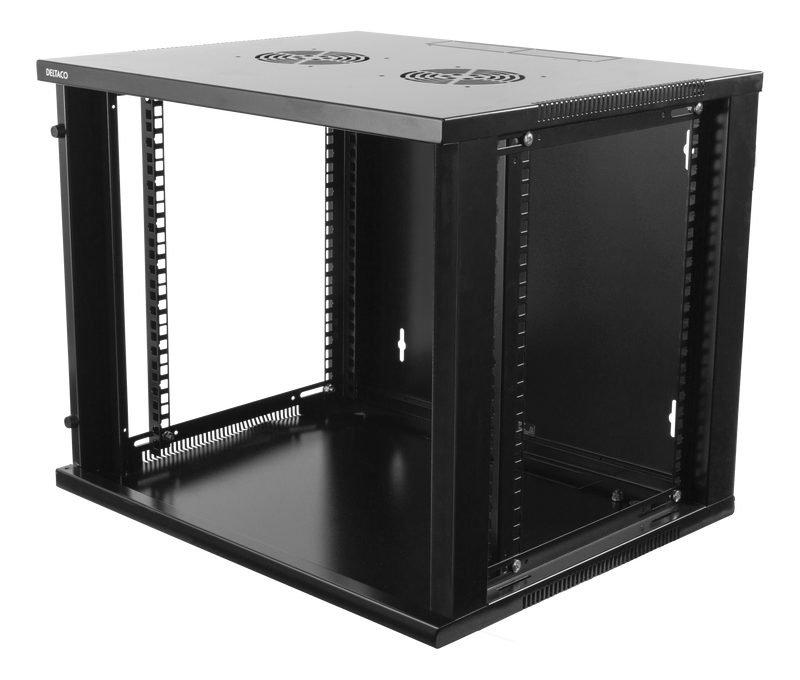 DELTACO 19" cabinet, 9U, 540x450mm, standing or wall-mounted, glass door, black.