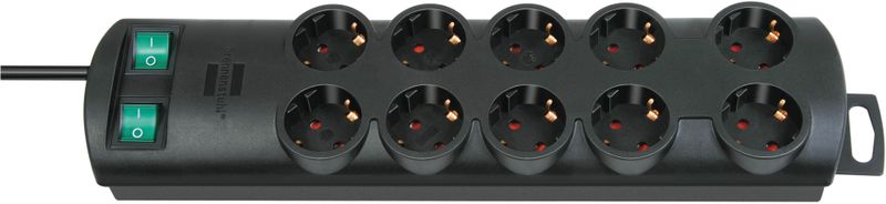 Power strip 2m long, with 10x CEE 7/4 outlets and 1x 7/7 connection, black.
