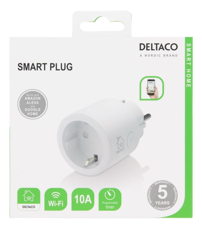FYND DELTACO SMART HOME strömbrytare, WiFi 2,4GHz, 1xCEE 7/3, 10A, timer, 220-240V, vit