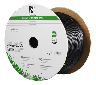 DELTACO S/FTP Cat6a installationskabel, för utomhusbruk, 305m, svart