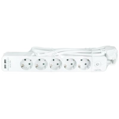 Grenuttag 5-vägs + 2st USB m brytare 1,5m Vit