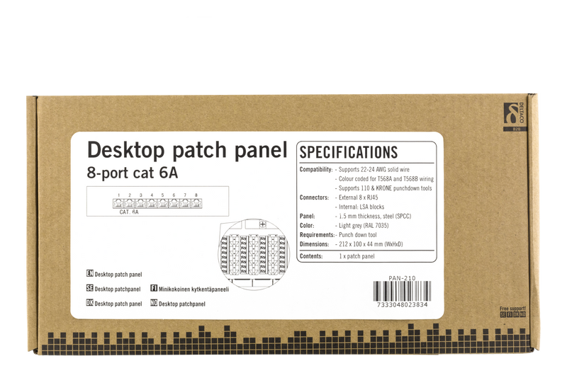DELTACO Patchpanel, 8xRJ45, Cat6a, väggmonterbar, 10Gbps, grå