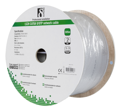 DELTACO U/UTP Cat6a installationskabel, 305m trumma, 500MHz, LSZH, grå