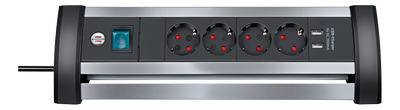 Alu-Office-Line grenuttag med USB-laddare, 4xCEE 7/7 uttag, 2xUSB-A