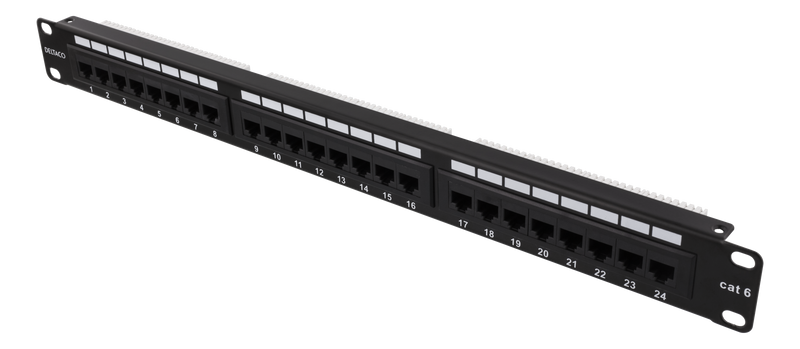 DELTACO UTP patch panel, 24xRJ45, Cat6, Krone jacks, 1U, 19", labels