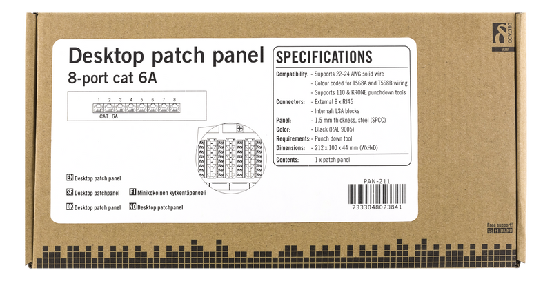 DELTACO Patchpanel, 8xRJ45, Cat6a, väggmonterbar, 10Gbps, svart
