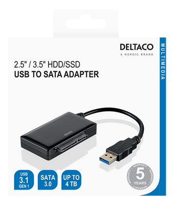 DELTACO USB 3.0 till SATA 6Gb/s adapter, för 2,5/3,5" hdd, svart