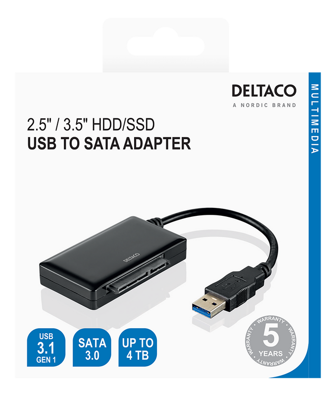 DELTACO USB 3.0 till SATA 6Gb/s adapter, för 2,5/3,5" hdd, svart