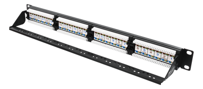 DELTACO 19" patch panel, 24xRJ45, Cat6, UTP, Krone jacks, 1U, black.