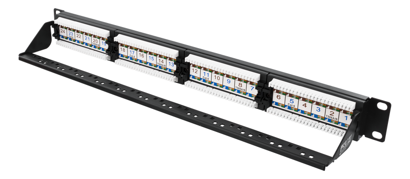 DELTACO 19" patch panel, 24xRJ45, Cat6, UTP, Krone jacks, 1U, black.