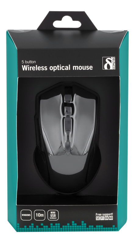 DELTACO trådlös optisk mus, 6 knappar med scroll, 1600 DPI, USB, svart